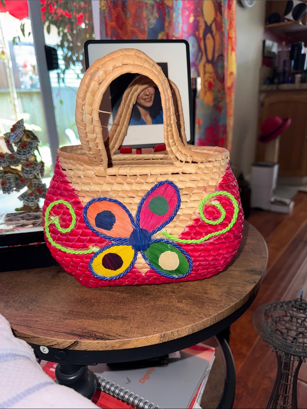 Handwoven Pink Straw Tote with Multicolor Butterfly Embroidery